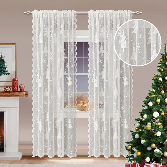 Window Screen - Ice Flower Christmas Tree Window Screen - Metal Mesh - European and American - Christmas - Curtain - Net Curtain 2-Piece Set (150*250cm)