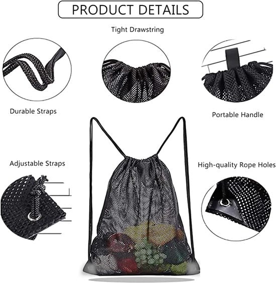 Black Sports Bag - 40*45cm - Mesh - Drawstring - Suitable for fitness, sports, swimming, diving, travel, yoga, dancing, camping, hiking