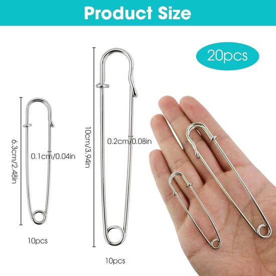 20 Safety Pins - Large Safety Pin Length - Heavy Safety Pins for Blankets, Kilts, Knitting, Crafts (63mm & 100mm)