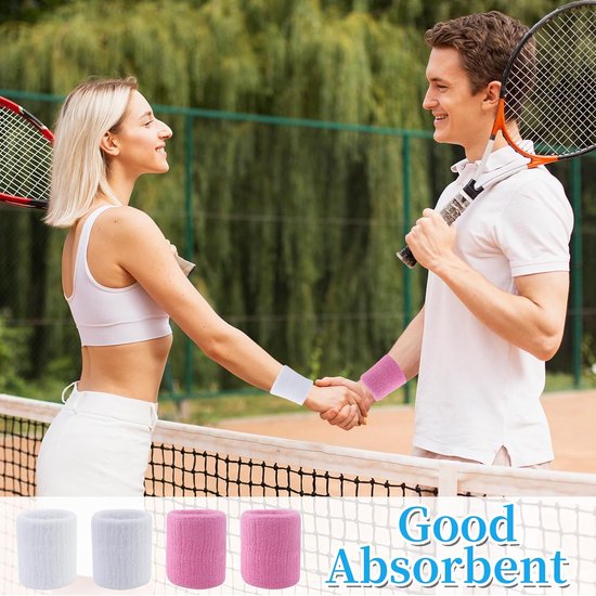 4-Pack Sweat-Wicking Wristbands - Super Stretch Cotton Sports Wristbands - Sweat-Wicking Wristbands - For Tennis, Sports, Basketball, Gymnastics - (Pink and White)