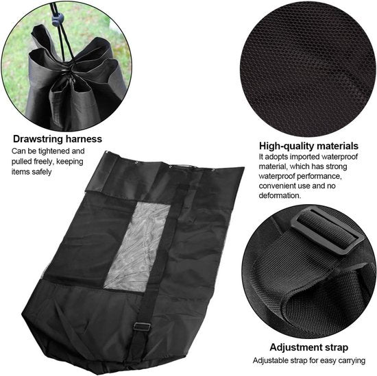 Soccer Net Bag for 10-15 Balls - Large Waterproof, Sturdy Tennis Shoulder Pad, Football-Basketball-Volleyball Bag, Drawstring Handbag - Black