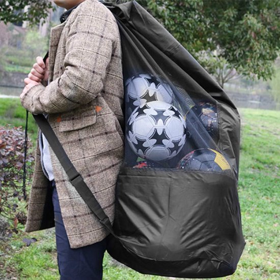 Soccer Net Bag for 10-15 Balls - Large Waterproof, Sturdy Tennis Shoulder Pad, Football-Basketball-Volleyball Bag, Drawstring Handbag - Black