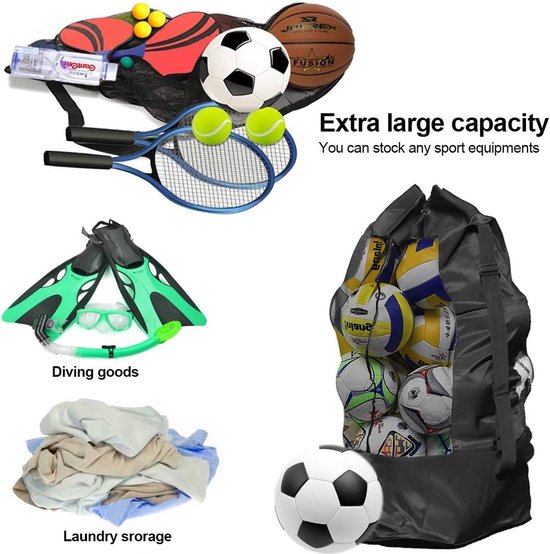 Soccer Net Bag for 10-15 Balls - Large Waterproof, Sturdy Tennis Shoulder Pad, Football-Basketball-Volleyball Bag, Drawstring Handbag - Black