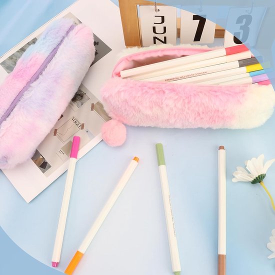 Pencil Cases - 3-Piece - Storage Bags - Fluffy Fleece Pencil Cases - Rainbow Gradient Design - Suitable for girls aged 3 to 12 - Ideal gift for birthdays, graduations and Christmas