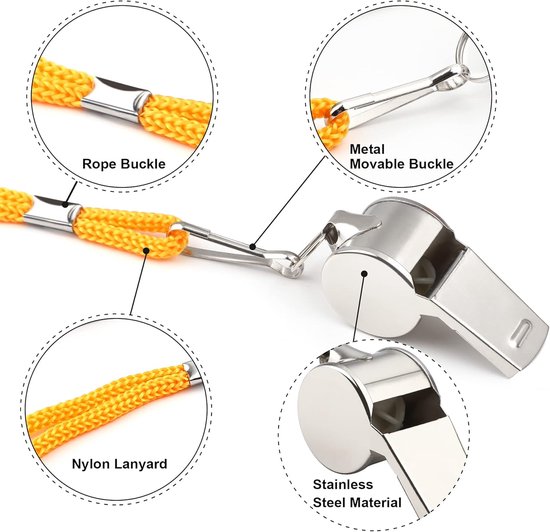 Whistles - Set of 6 - Emergency whistles - Stainless steel whistles - Metal whistles with lanyard - Coach whistles with lanyard - Sports whistles - Loud and clear whistles for referees - Emergencies in training halls