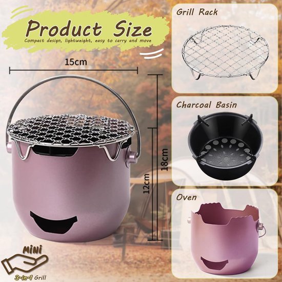 Grill - Portable Charcoal Grill - Mini Stainless Steel Charcoal Grill - Small Outdoor Grill - Suitable for Camping, Backyard BBQs, RVs and Picnics (Purple)