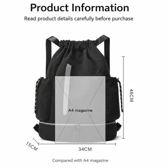 Drawstring Backpack - Waterproof Sports Bag - Lightweight Sports Backpack - With Shoe Compartment - Unisex - Suitable for Basketball, Football, Swimming and Travel - Black