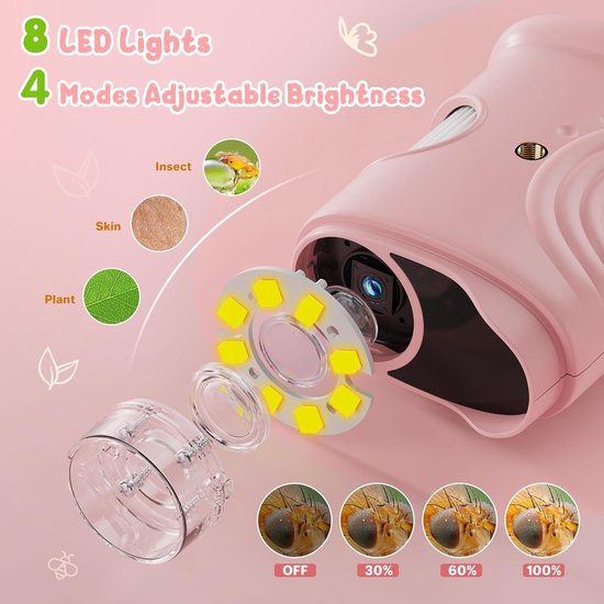 1000x Digital Children's Microscope - With 2 Inch IPS Screen & 8 LED Lights - Handy & Easy to Use for Nature Research - Pink