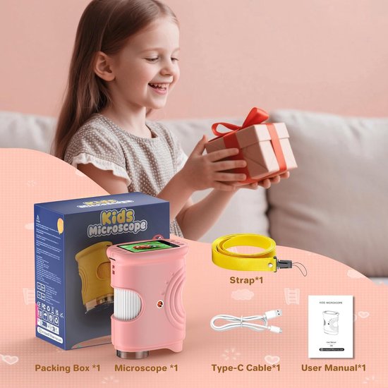 1000x Digital Children's Microscope - With 2 Inch IPS Screen & 8 LED Lights - Handy & Easy to Use for Nature Research - Pink
