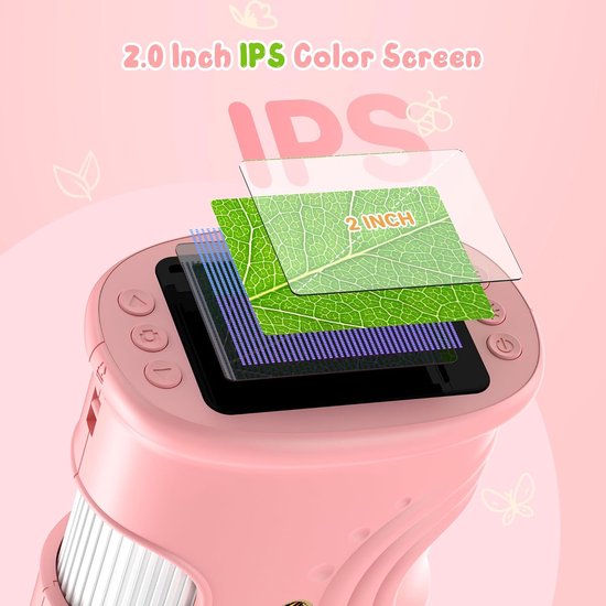 1000x Digital Children's Microscope - With 2 Inch IPS Screen & 8 LED Lights - Handy & Easy to Use for Nature Research - Pink