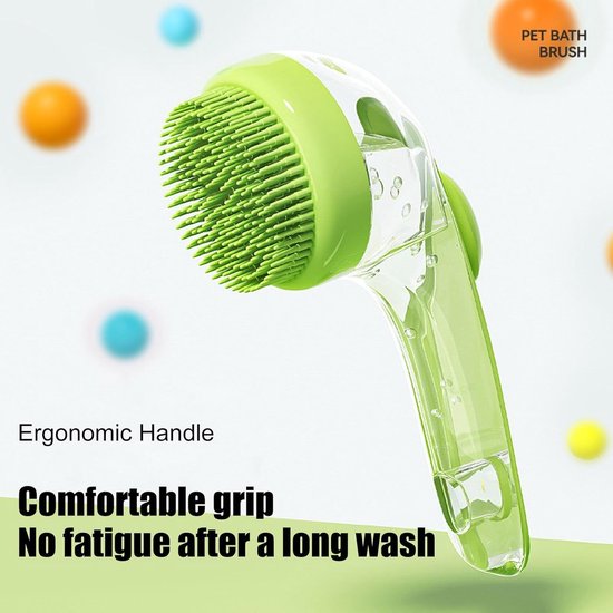 Dog Wash Brush with Soap Dispenser - Long Handle & Soft Massage Head - For Efficient Coat Care