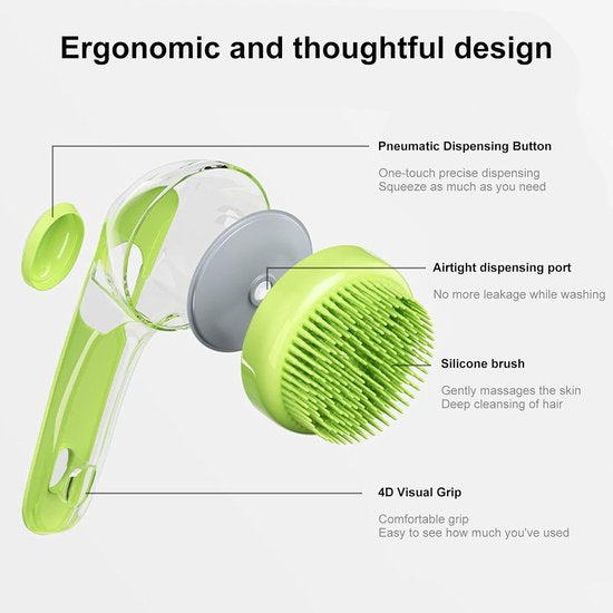 Dog Wash Brush with Soap Dispenser - Long Handle & Soft Massage Head - For Efficient Coat Care