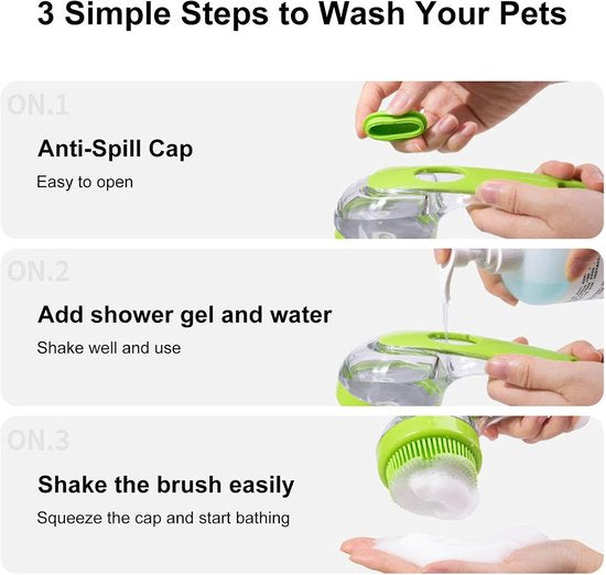 Dog Wash Brush with Soap Dispenser - Long Handle & Soft Massage Head - For Efficient Coat Care