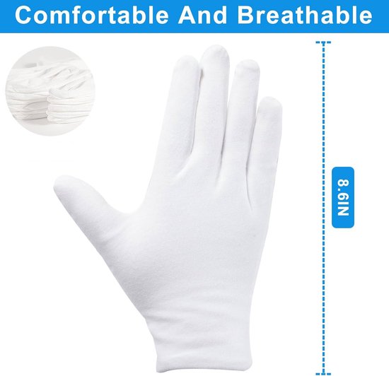 Gloves - 6 pairs - White cotton gloves - Suitable for dry hands - Can be worn while sleeping - High-quality cotton gloves - Unisex white gloves - Rounded finger gloves
