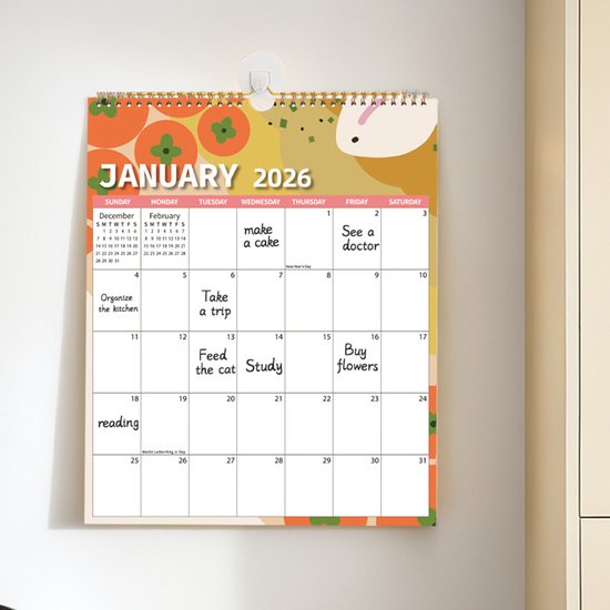 Calendar 2026 - Hangable 12 Months - Calendar - With wire-o-binding - Yearly calendar - Monthly planner - Wall calendar - 37 x 30cm - Nutrition patterns