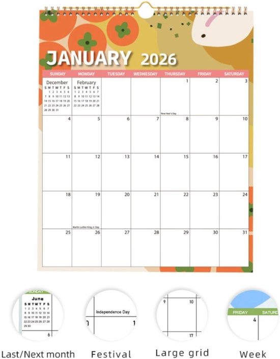 Calendar 2026 - Hangable 12 Months - Calendar - With wire-o-binding - Yearly calendar - Monthly planner - Wall calendar - 37 x 30cm - Nutrition patterns