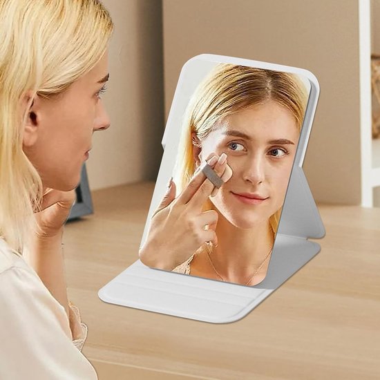 Frameless High Definition Makeup Mirror - Foldable Travel Mirror - Portable Makeup Mirror with Soft PU Leather Cover - Suitable for Bedroom, Bathroom & Travel（White）