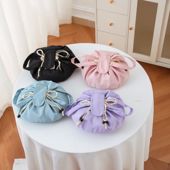 Foldable Drawstring Makeup Bag - Multifunctional Portable Travel Storage Bag for Cosmetics, Toiletry Bags & Accessories, Compact Durable Fabric Bag for Living Room, Shower Table & Travel（Pink）