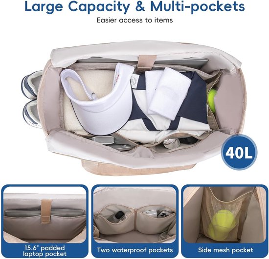 Tennis Bag – Extra Large Sports Bag with Shoe Compartment – Suitable for 2-4 Rackets – Waterproof and Lightweight – Unisex（Beige）