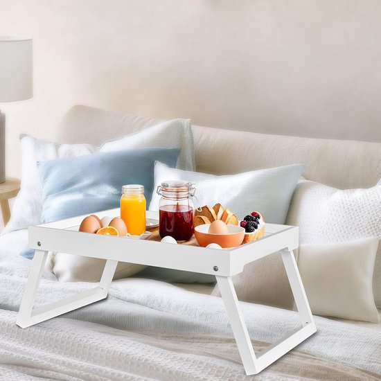 Folding table - Multifunctional folding table for home - Folding bamboo bedside table - Can be used as a dining table, TV table, laptop table, snack table, sofa table or work table - White