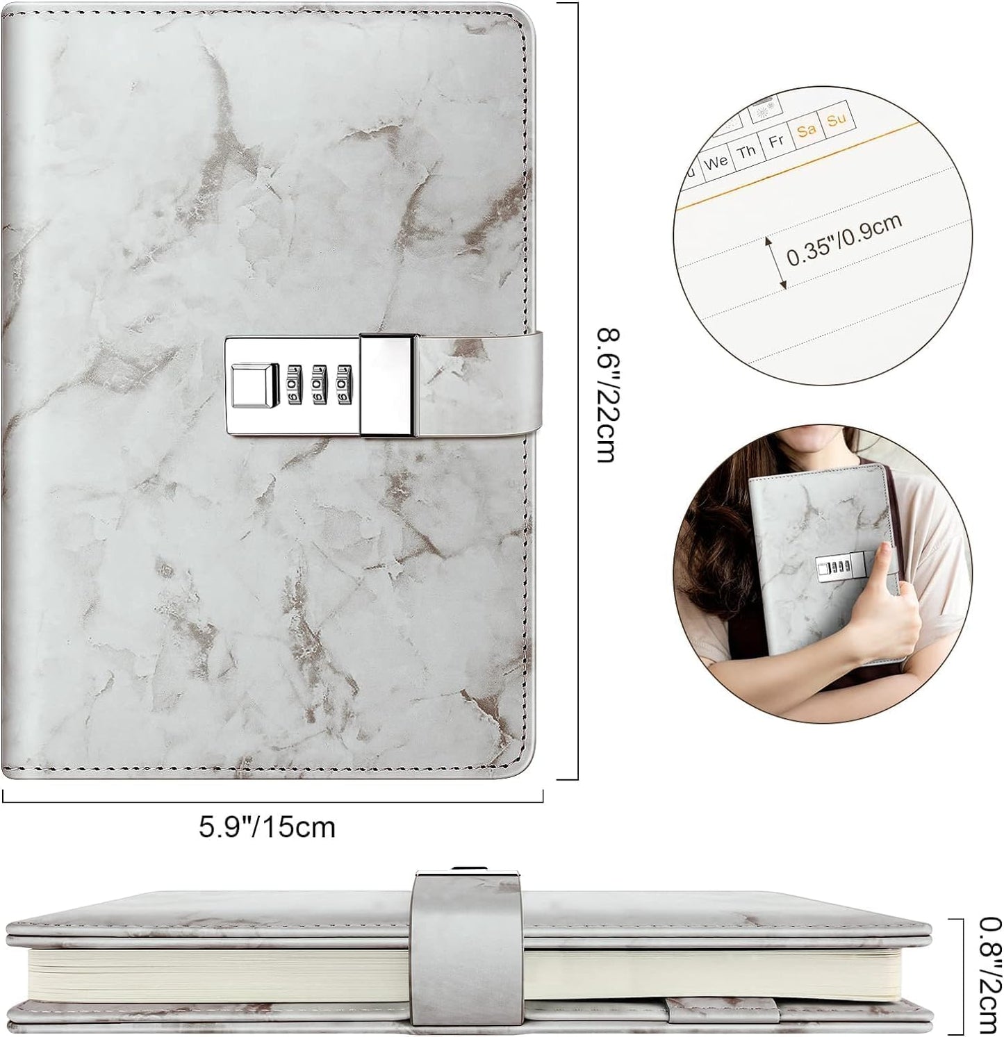 Diary with combination lock, waterproof leather, marble pattern, gray, 1 pack