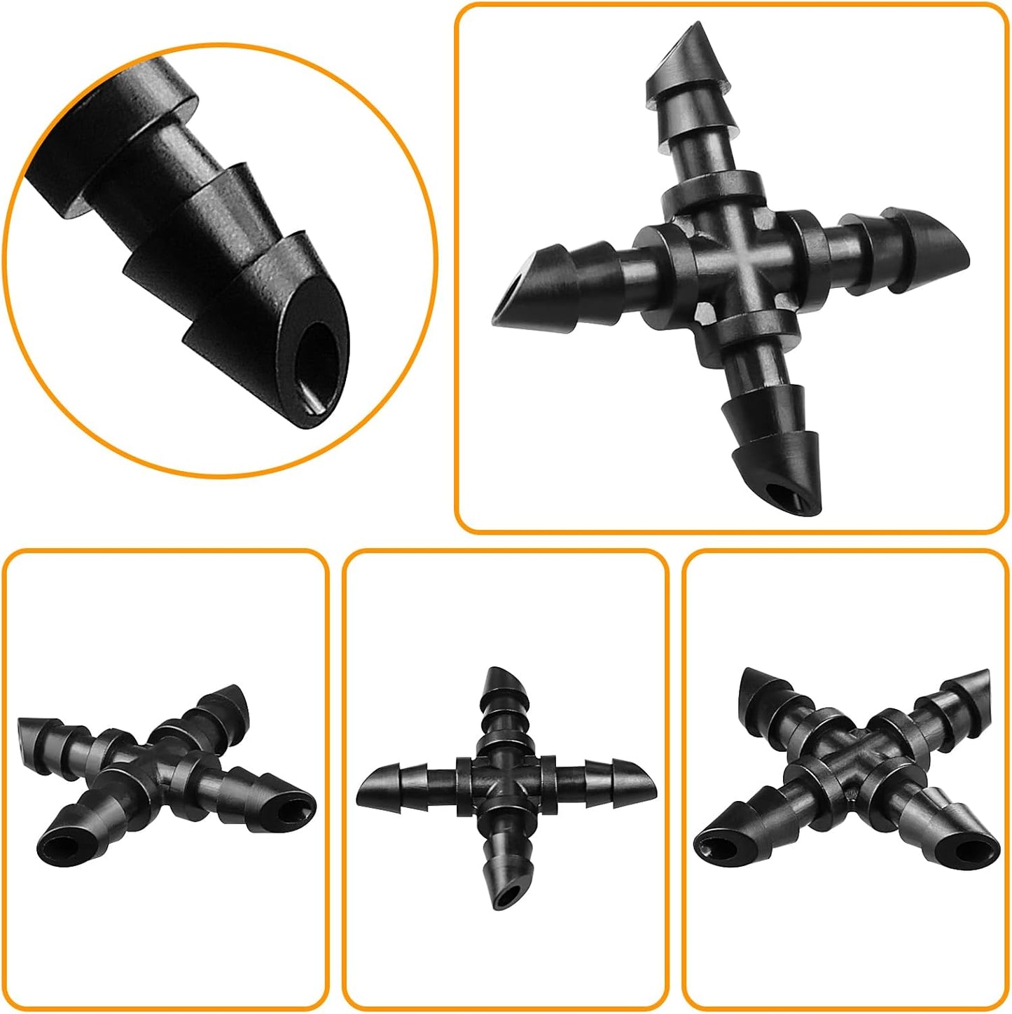 1/4" Drip Irrigation Universal Fittings, 45 Pieces Barbed 4-Way Cross Irrigation Fittings for 1/4 Inch Drip Hose, 4-Way Tee Fittings for Drip Hoses and T-Fittings for Sprinklers, Garden and Lawn