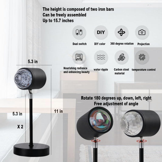 Water Ripple Lamp Sunset Lamp 2-in-1 3D Projector LED Light Sunset Ocean Light Project USB Powered Night Light 360° Rotation Button Control for Bedroom Photography Festive Atmosphere