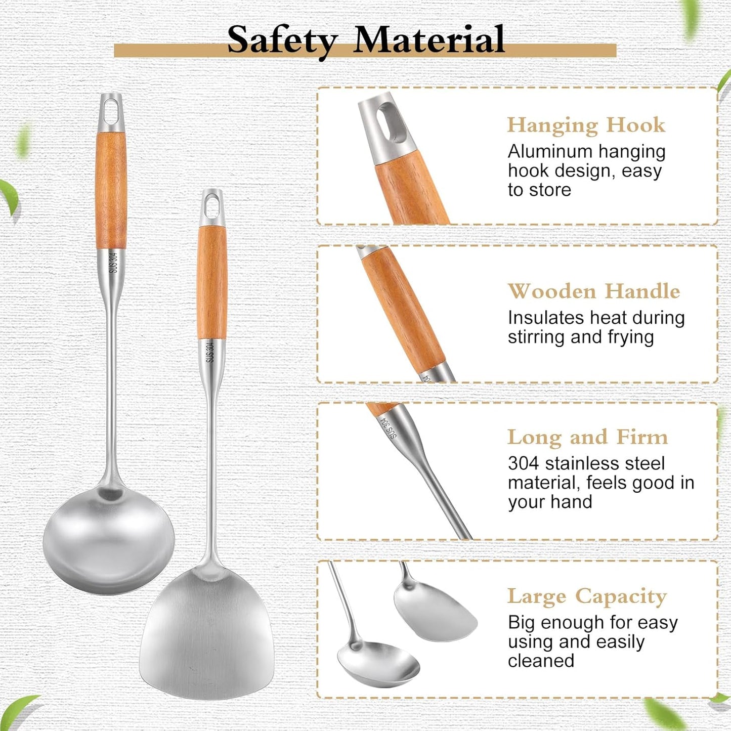 TsunNee 2PCS Stainless Steel Kitchen Utensil Set, 304 Stainless Steel Wok Spatula and Soup Ladle Set with Long Heat-Resistant Wooden Handle