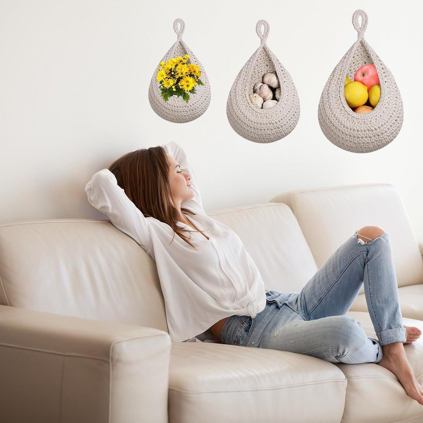 Hanging Storage Baskets - Set of 3 - For Kitchen and Bathroom - With Jute Design