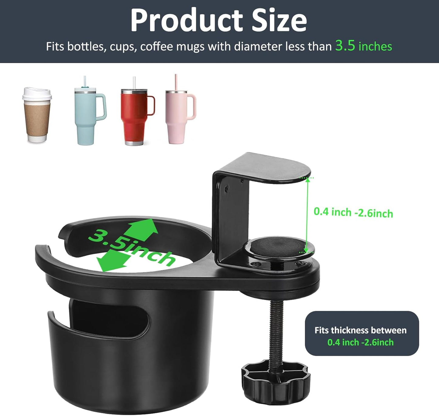 Desk Cup Holder Clamp, Anti-Spill Coffee Cup Holder Clamp, Rotating Water Bottle Holder, Coffee Mug Storage, Home & School Office Accessories (Black)