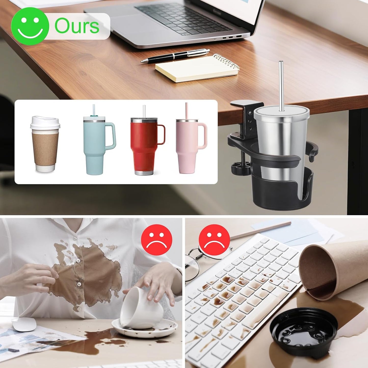 Desk Cup Holder Clamp, Anti-Spill Coffee Cup Holder Clamp, Rotating Water Bottle Holder, Coffee Mug Storage, Home & School Office Accessories (Black)