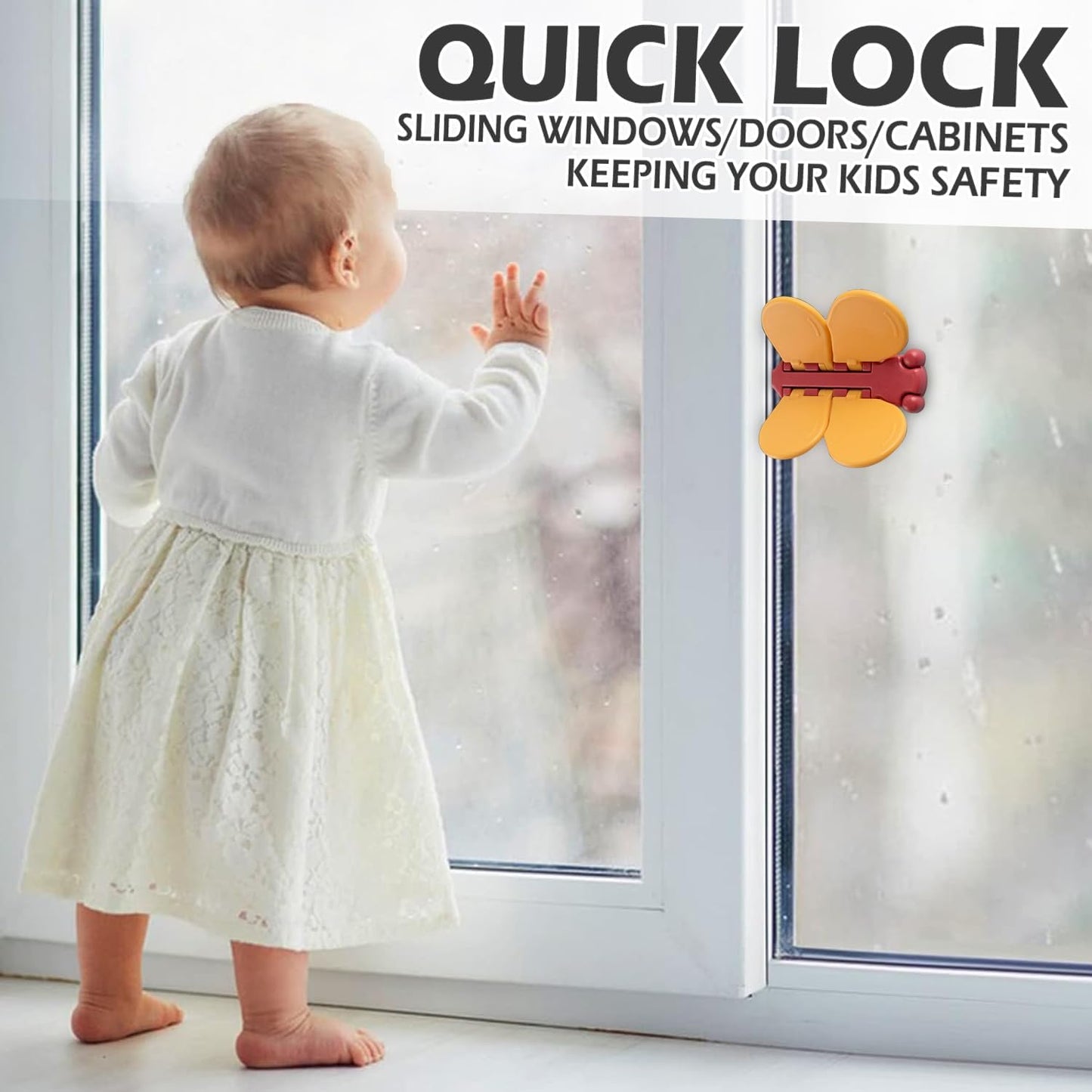 Child Lock Window Locks - Child-Safe Sliding Door Lock - Dragonfly Motif - Child Lock - Suitable for Windows and Doors - Quick-Sliding Door Lock, Patio Door Lock for Babies and Pets - 3 Pieces - Yellow