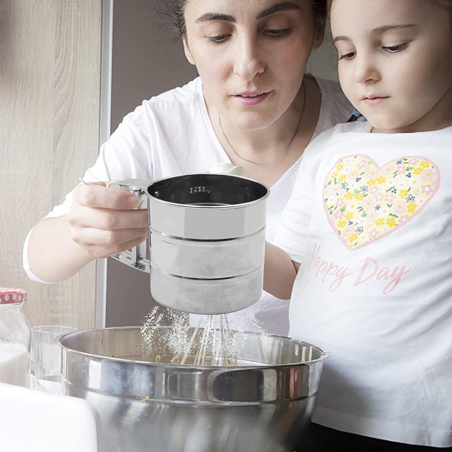 Flour Sieve - Stainless Steel Hand Flour Sieve - Manual Flour Press Cup for Home Kitchens - Large Baking Sieve Cup - For Icing Cake Flour - Silver