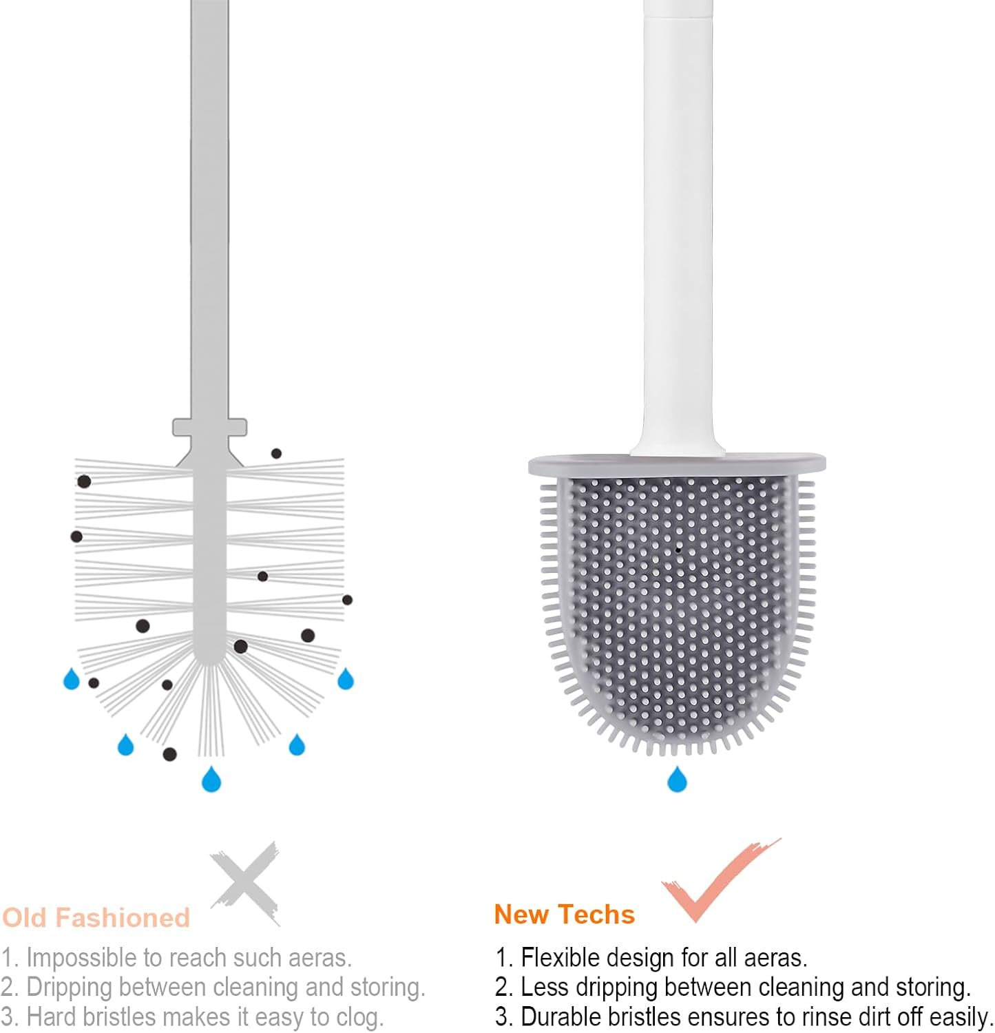 Toilet brush and holder - Deep cleaning silicone toilet brush - Flat toilet brush with long handle - Quick-drying toilet brush and holder - For bathroom - Floor/wall mounted - White - 11*8.5*13.8cm