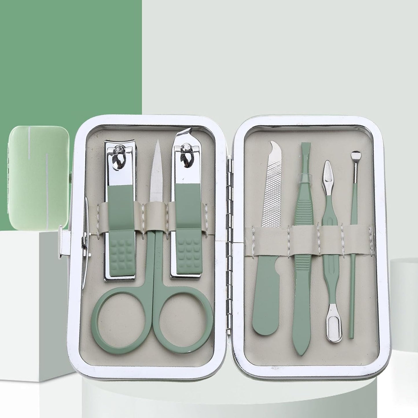 Carbon Steel Manicure Set - Pedicure Scissors - with Leather Travel Case - Mint Green