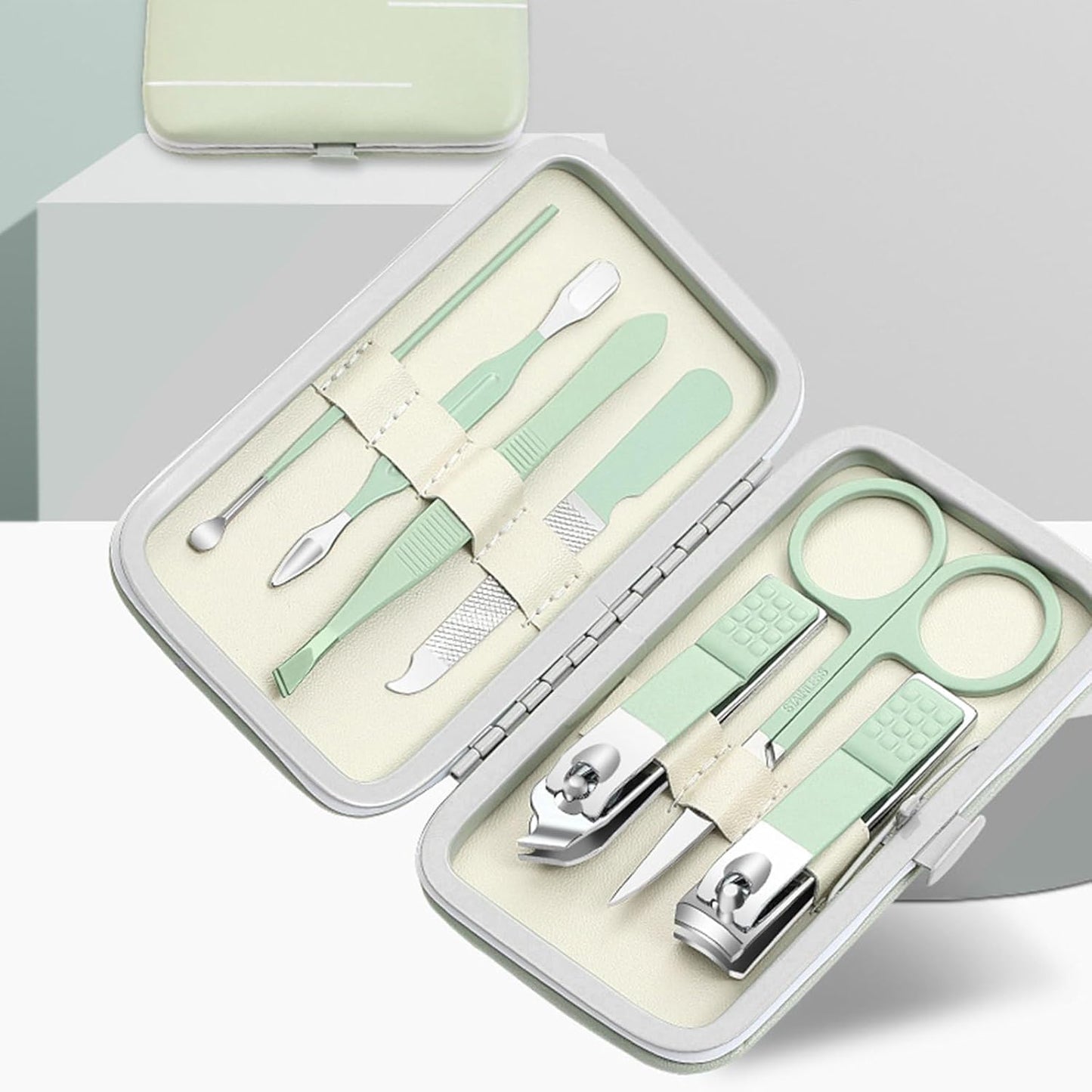 Carbon Steel Manicure Set - Pedicure Scissors - with Leather Travel Case - Mint Green