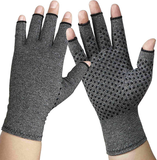 Rheumatism Gloves - Compression Gloves - Unisex - Osteoarthritis - Rheumatism - Arthritis - RSI - Carpal Tunnel Syndrome - L - Heather Grey Half Finger Gel