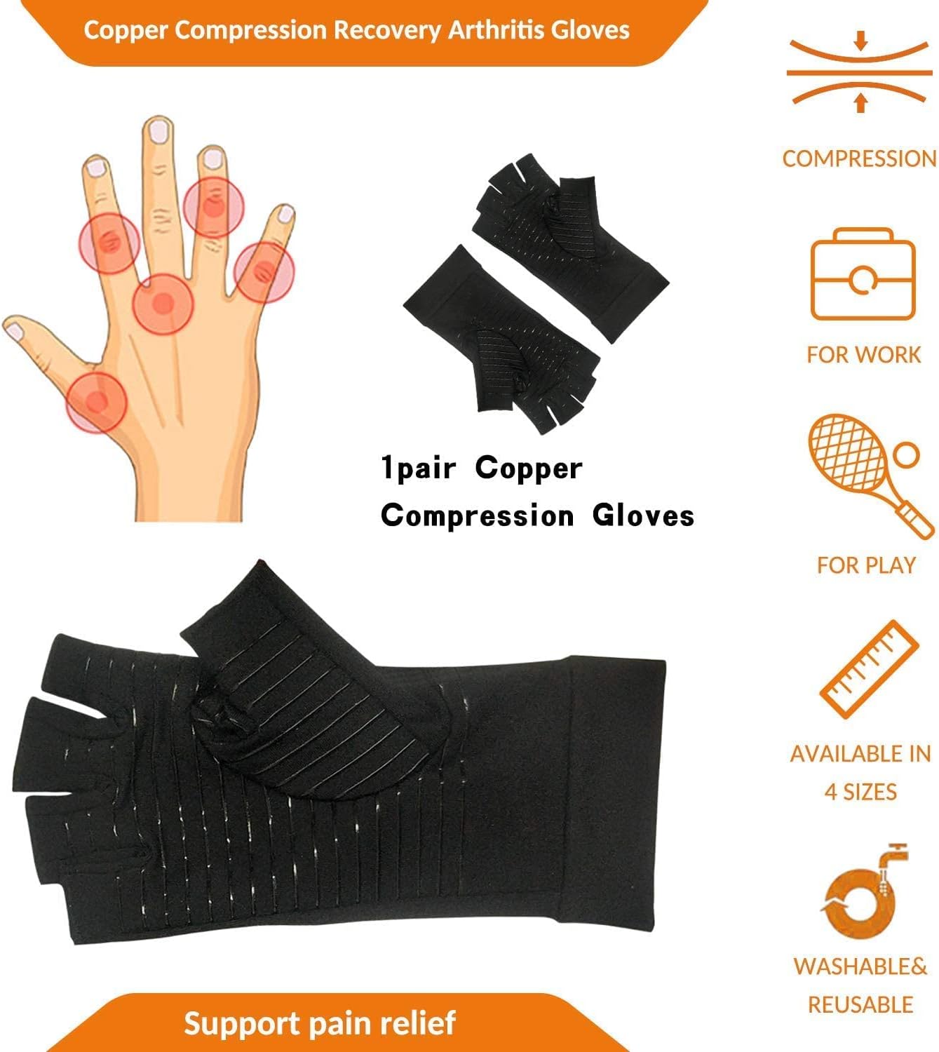 Rheumatism Gloves - Compression Gloves - Unisex - Osteoarthritis - Rheumatism - Arthritis - RSI - Carpal Tunnel Syndrome - M - Copper Half Finger