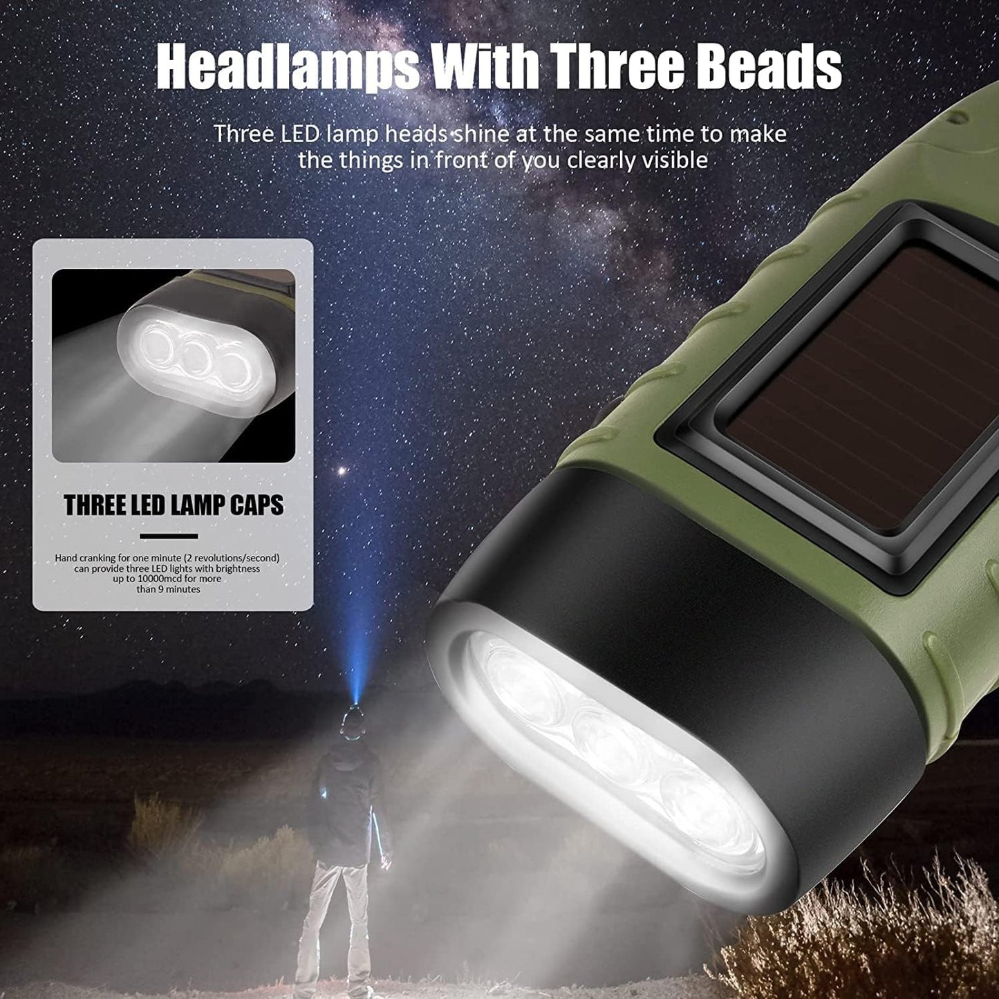 Emergency Flashlight - Military Clamp Rechargeable - Dynamo & Solar Powered - For Emergency Kits and Power Outages - Black