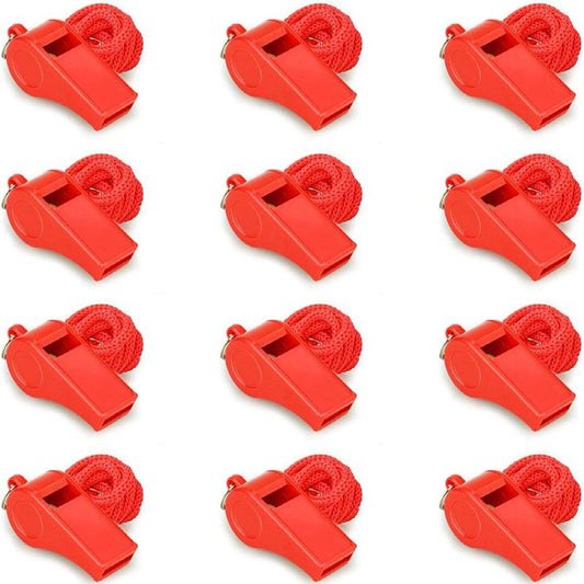 Emergency Whistles with Lanyard - Set of 12 - Loud & Clear Sound - Safety Whistles for Sports & Self-Defense - Red
