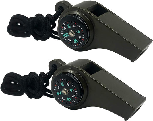 3-in-1 Emergency Whistle with Compass & Thermometer - Set of 2 - Includes Lanyard - Safety Whistle for Outdoor, Hiking & Camping - Green