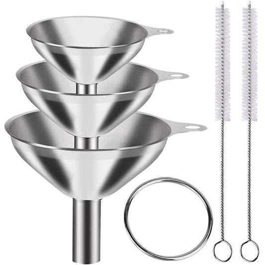 Stainless Steel Funnel Set of 3 - Includes 2 Cleaning Brushes - Kitchen Funnels with Handle - For Liquids, Oil & Spices