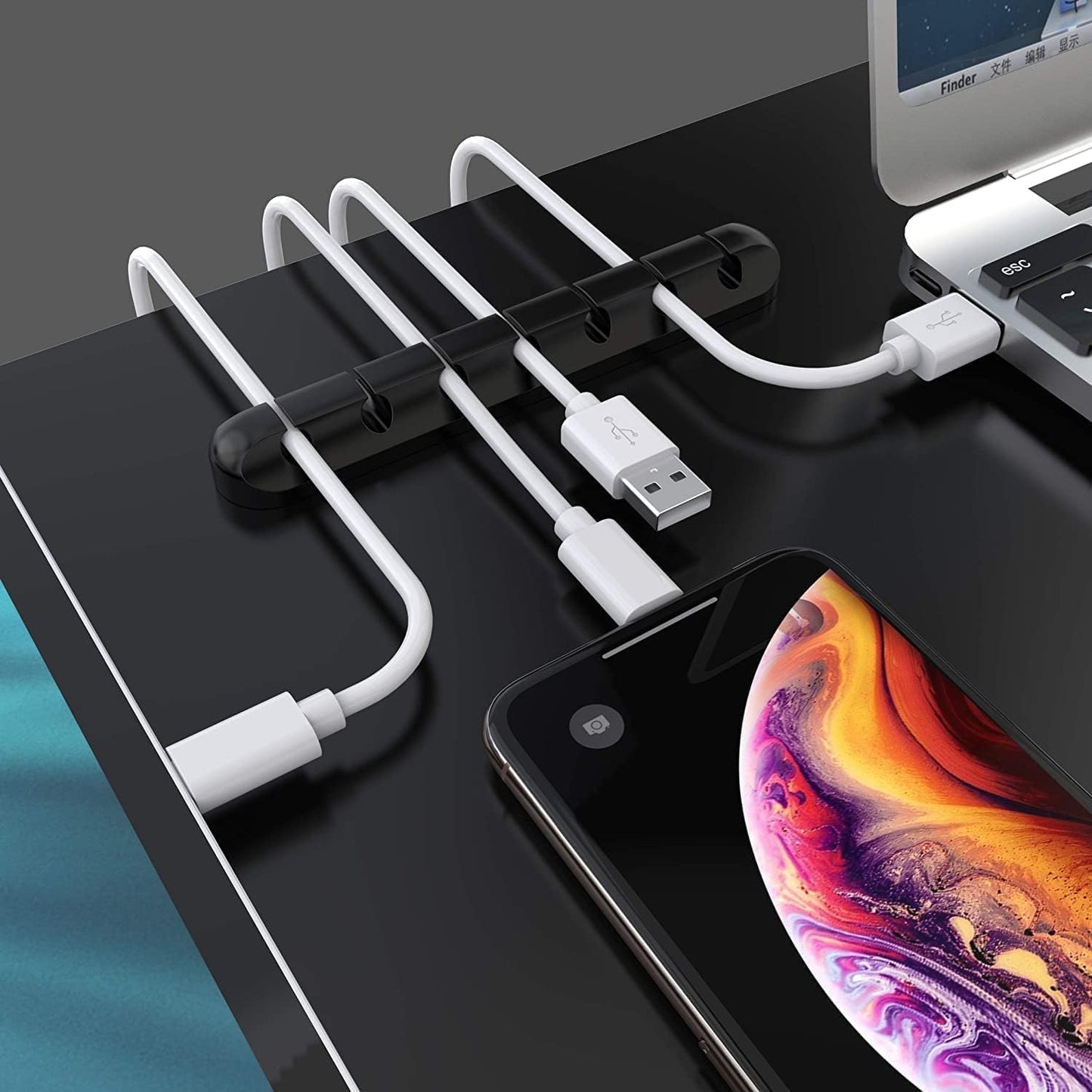 Black Cable Clips - Set of 3 - Self-Adhesive Cable Holders - Cable Management for Desk & Office