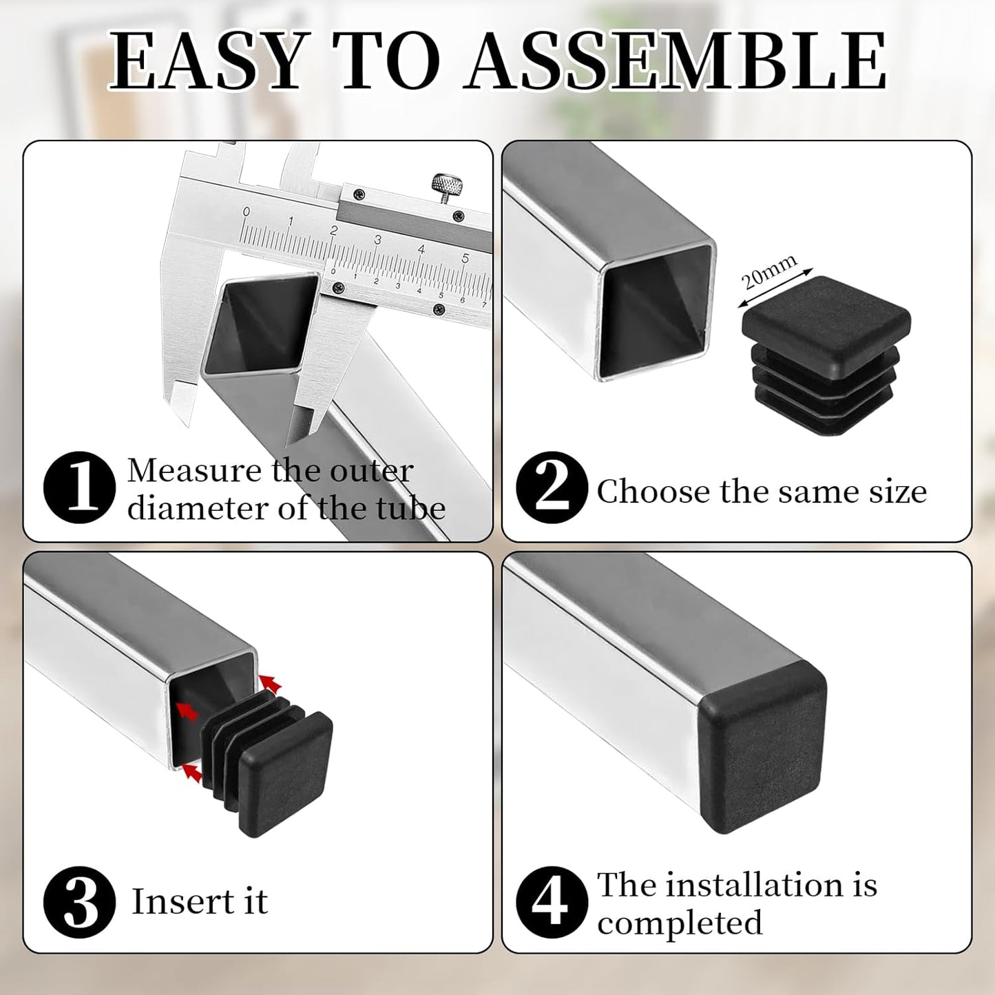 Square Tube Caps 20x20 mm - Set of 30 - Black - Insert Caps for Furniture & Chairs