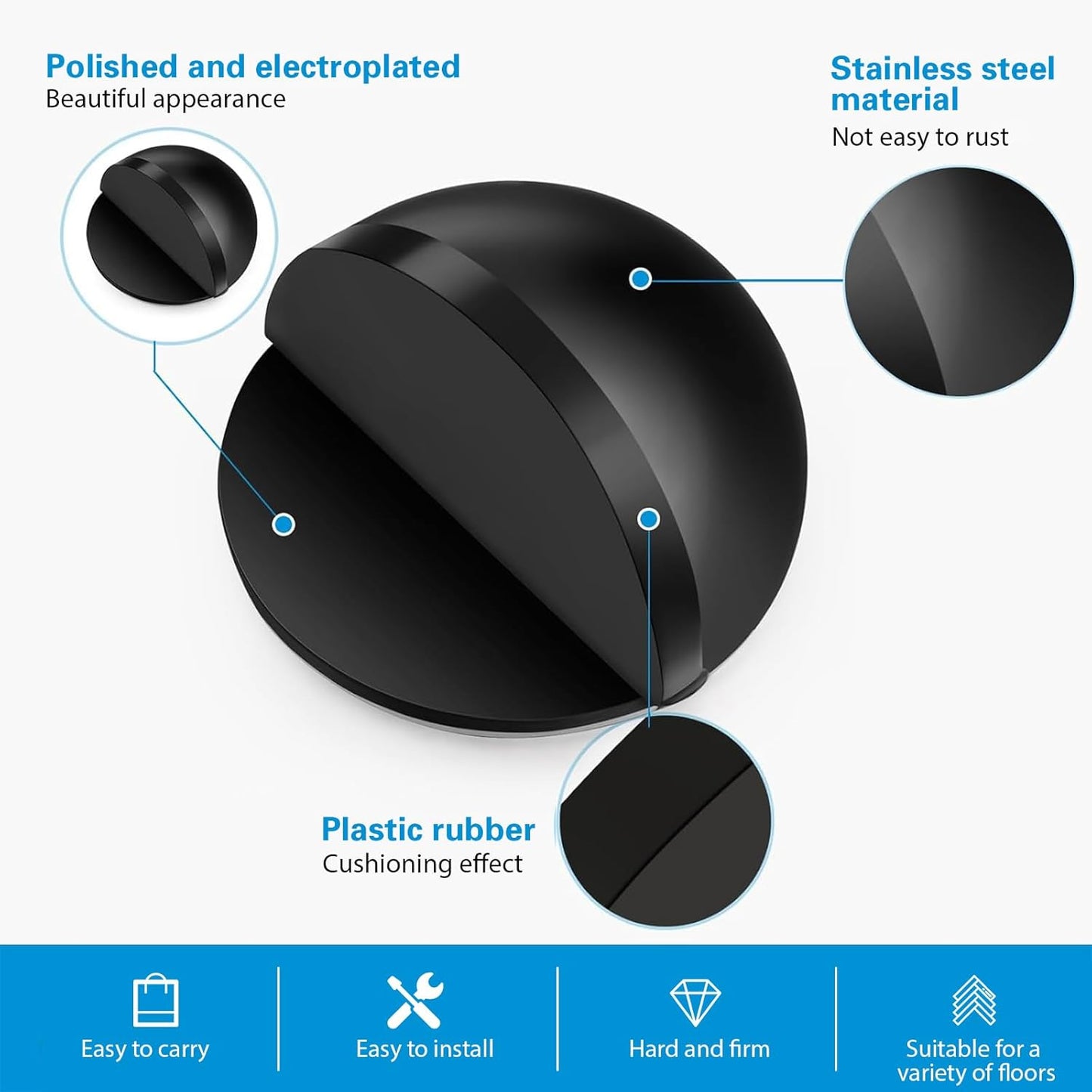 Door Stopper Floor Half Moon - Set of 2 - Black - Self-adhesive - No Drilling - Stainless Steel