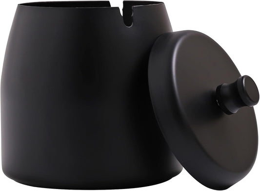 Stainless Steel Ashtray with Lid - Black - Ø 8 cm - Wind Ashtray for Outdoor & Indoor Use - Storm Ashtray