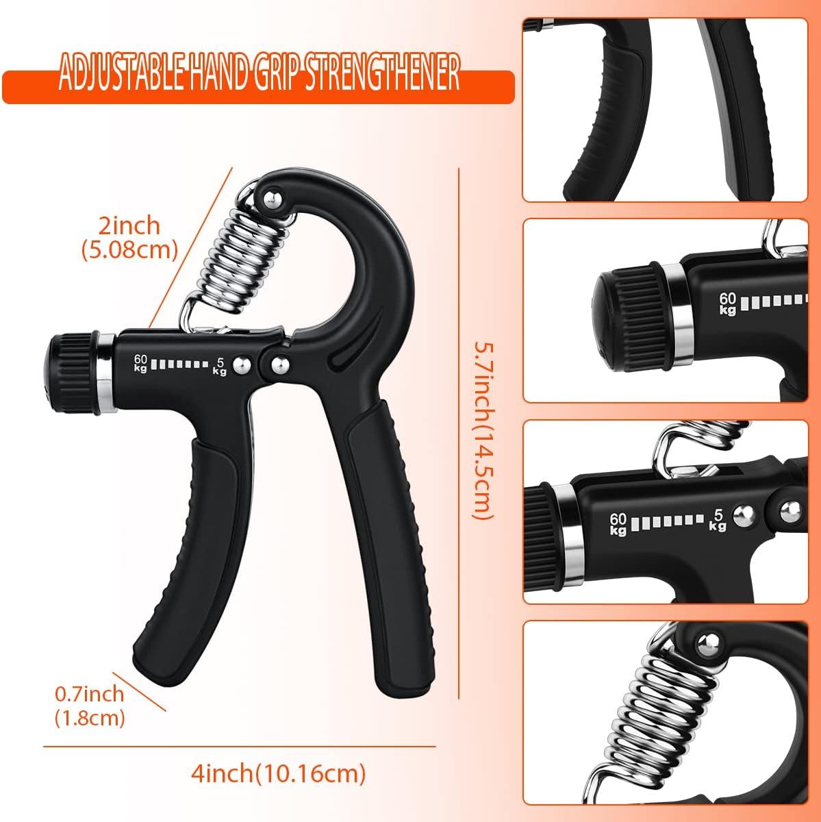 2 Pack Adjustable Hand Grip Strengtheners, Forearm Exercisers with 5 to 60 kg Resistance for Hand Training, Fitness and Rehabilitation