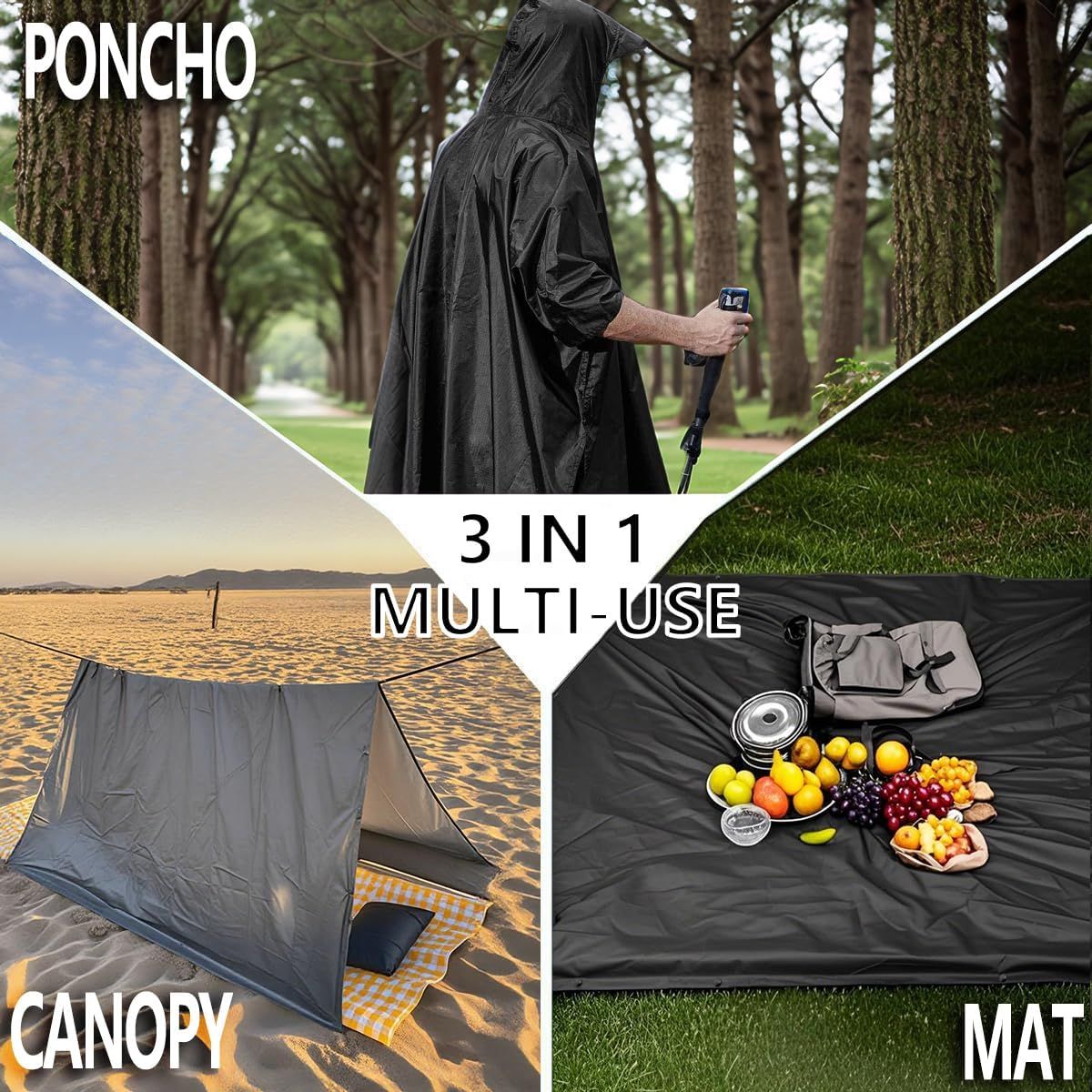 Waterproof Hooded Rain Poncho with Front Pocket, Lightweight Adult Raincoat for Hiking, Camping, Festivals and Outdoor Travel, Green