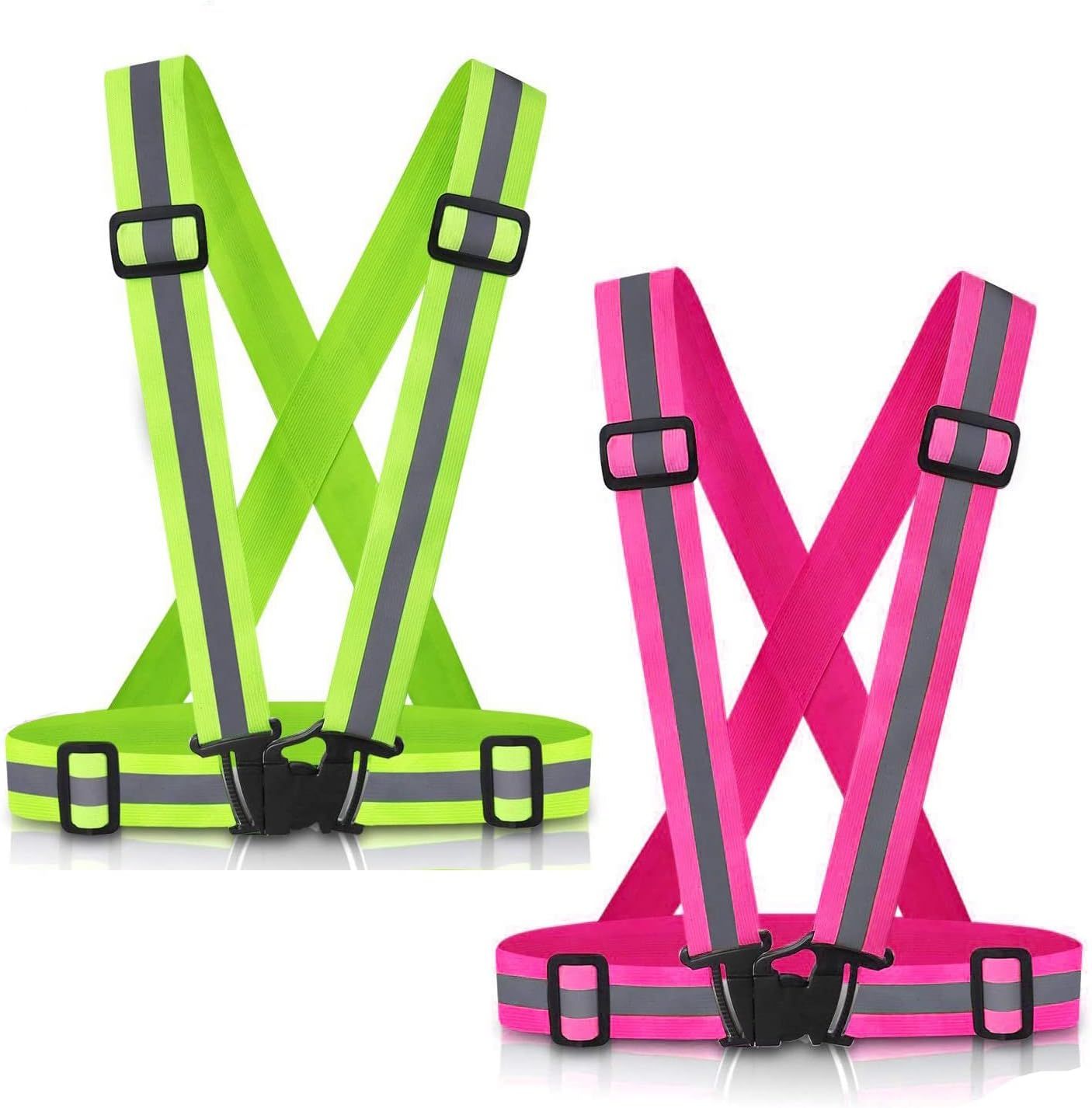 2 Pack High Visibility Reflective Safety Vests, Adjustable Running Gear for Walking, Cycling, Jogging and Night Exercise, Green and Pink