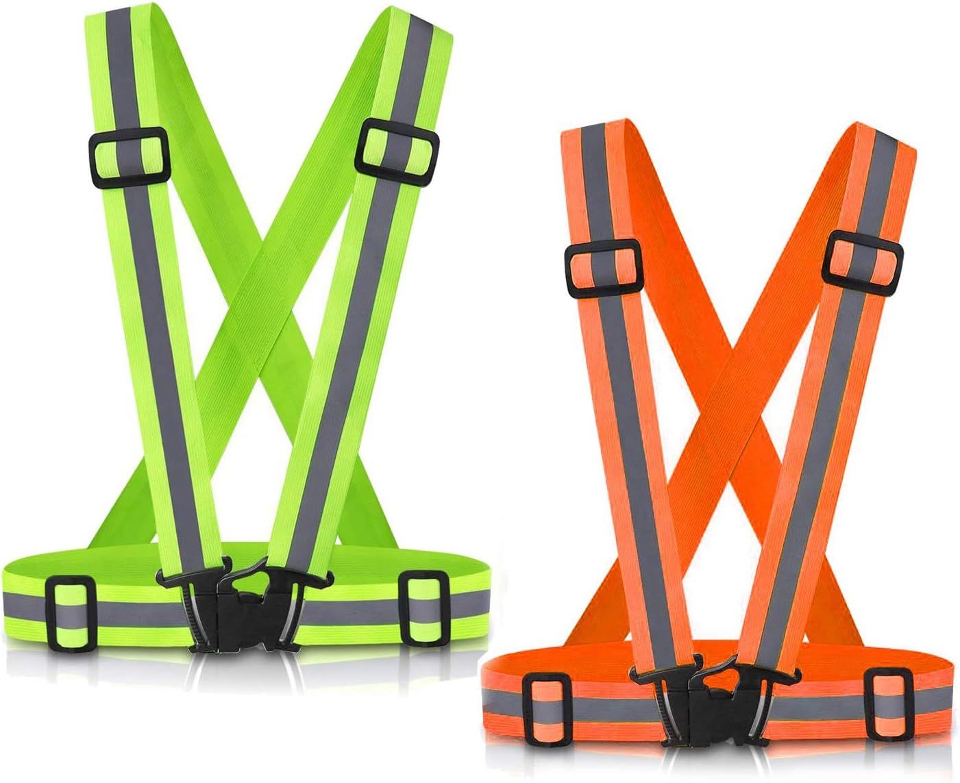 2 Pack High Visibility Reflective Safety Vests, Adjustable Running Gear for Walking, Cycling, Jogging and Night Exercise, Green and Orange